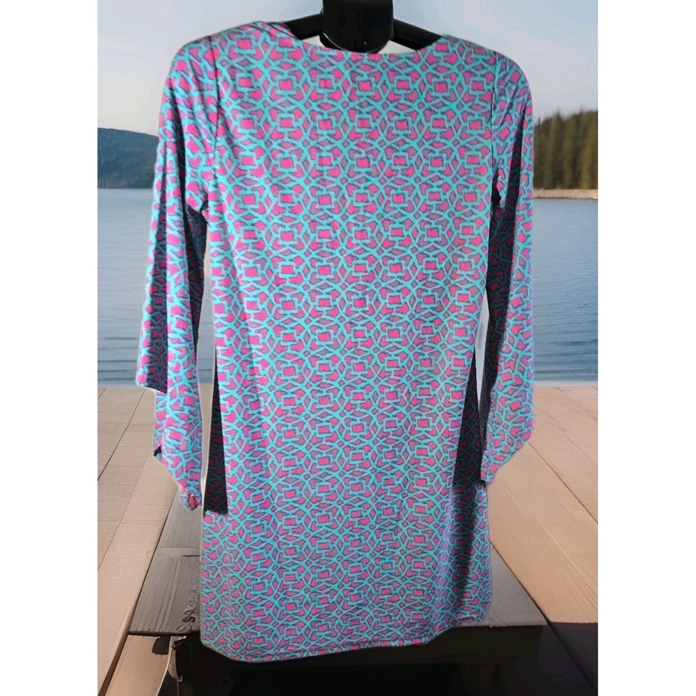ARYEH super stretch long sleeve Pink & Blue Geometric printed dress Size Small